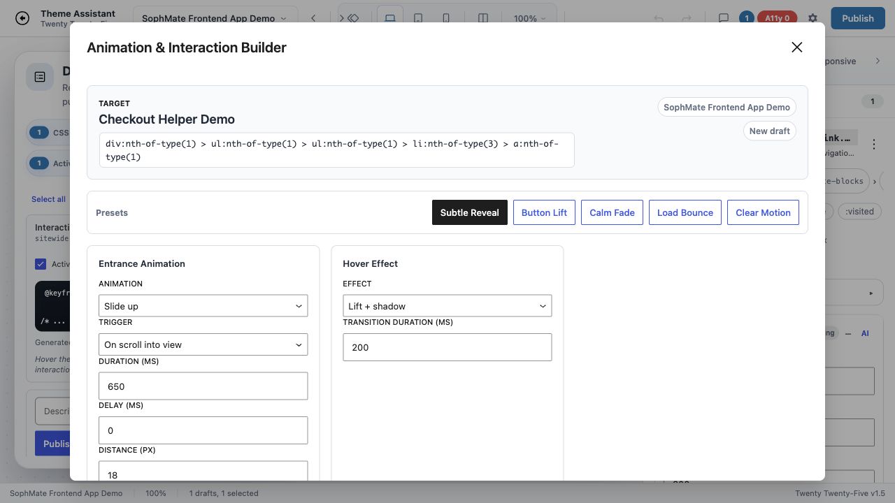 SophMate Animation and Interaction Builder workflow preview.