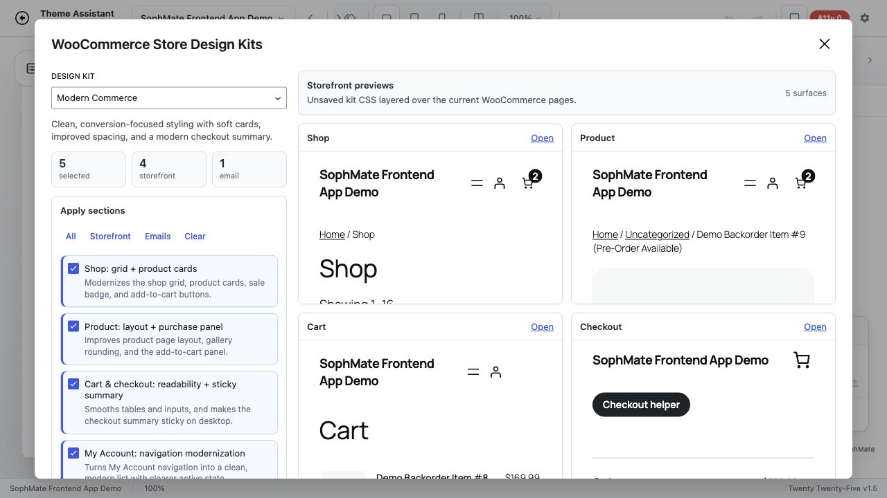 SophMate WooCommerce Store Design Kits interface.