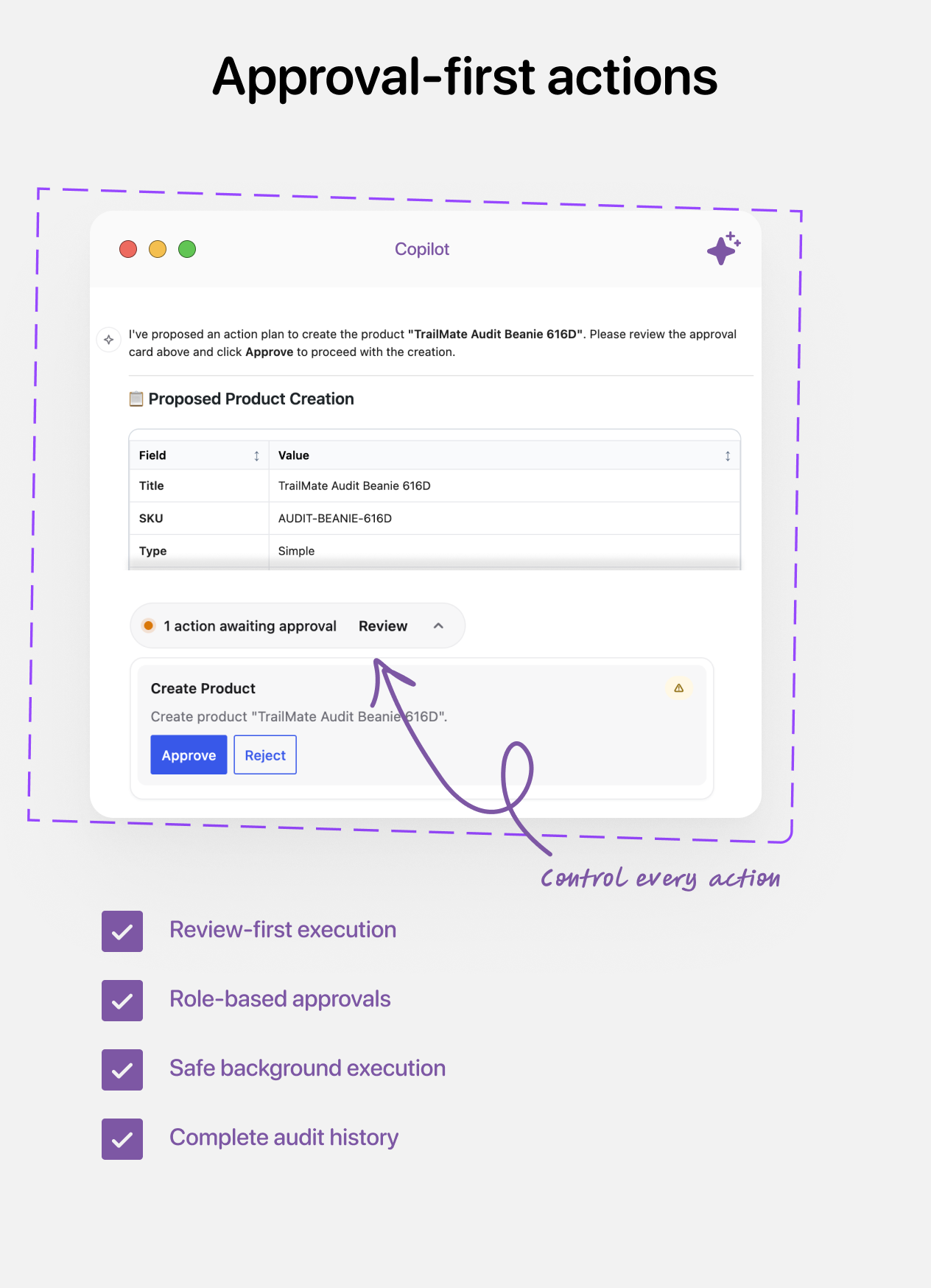 SophMate - Showing approval first actions inside of Copilot.