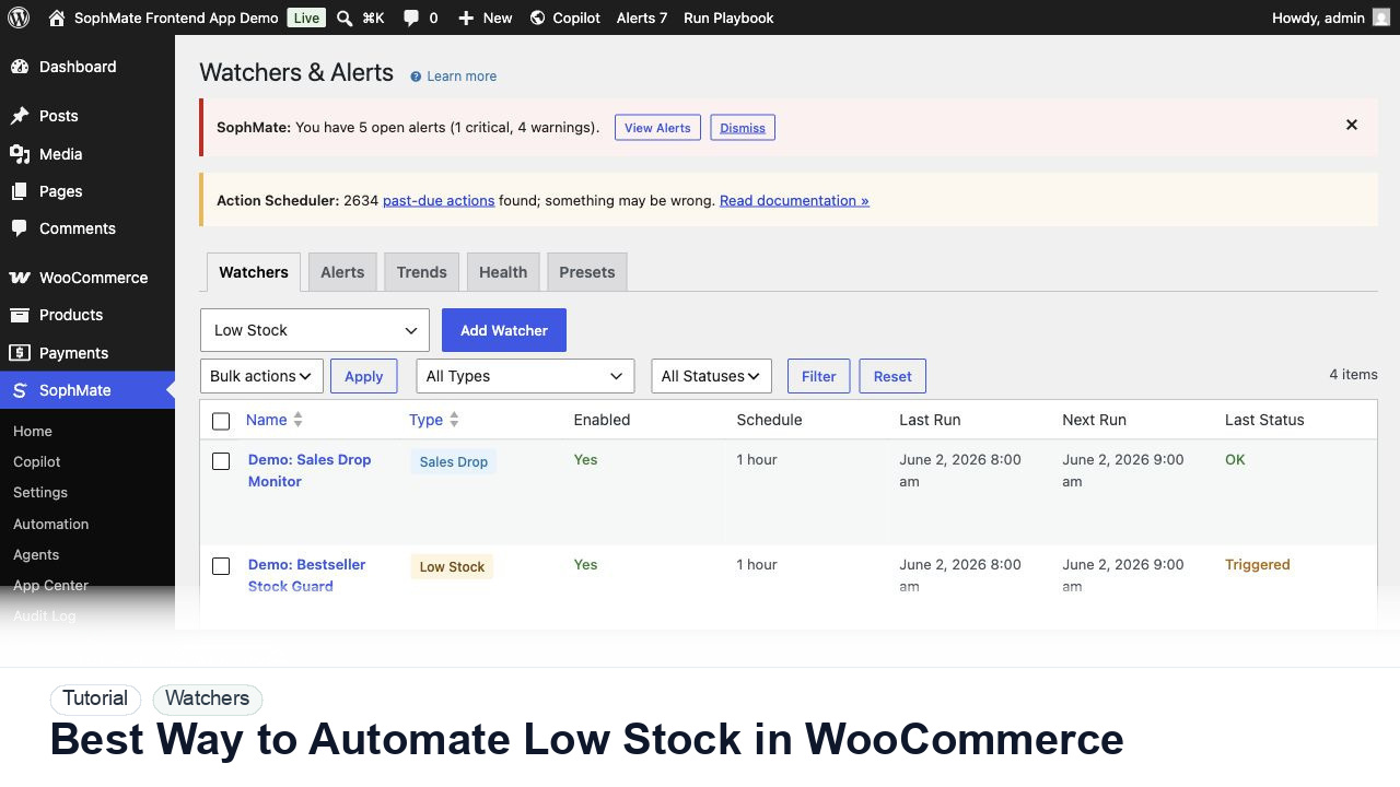 SophMate tutorial image for Best Way to Automate Low Stock in WooCommerce showing the related wp-admin workflow context.