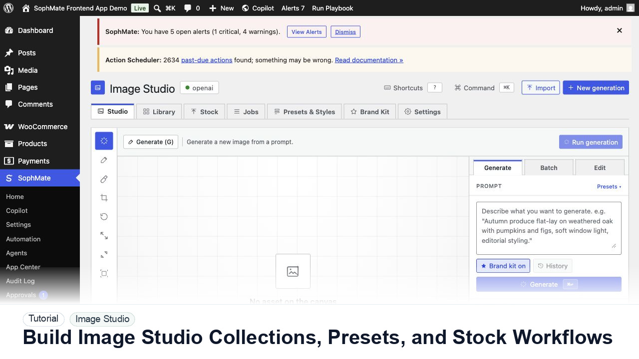 SophMate tutorial image for Build Image Studio Collections, Presets, and Stock Workflows showing the related wp-admin workflow context.