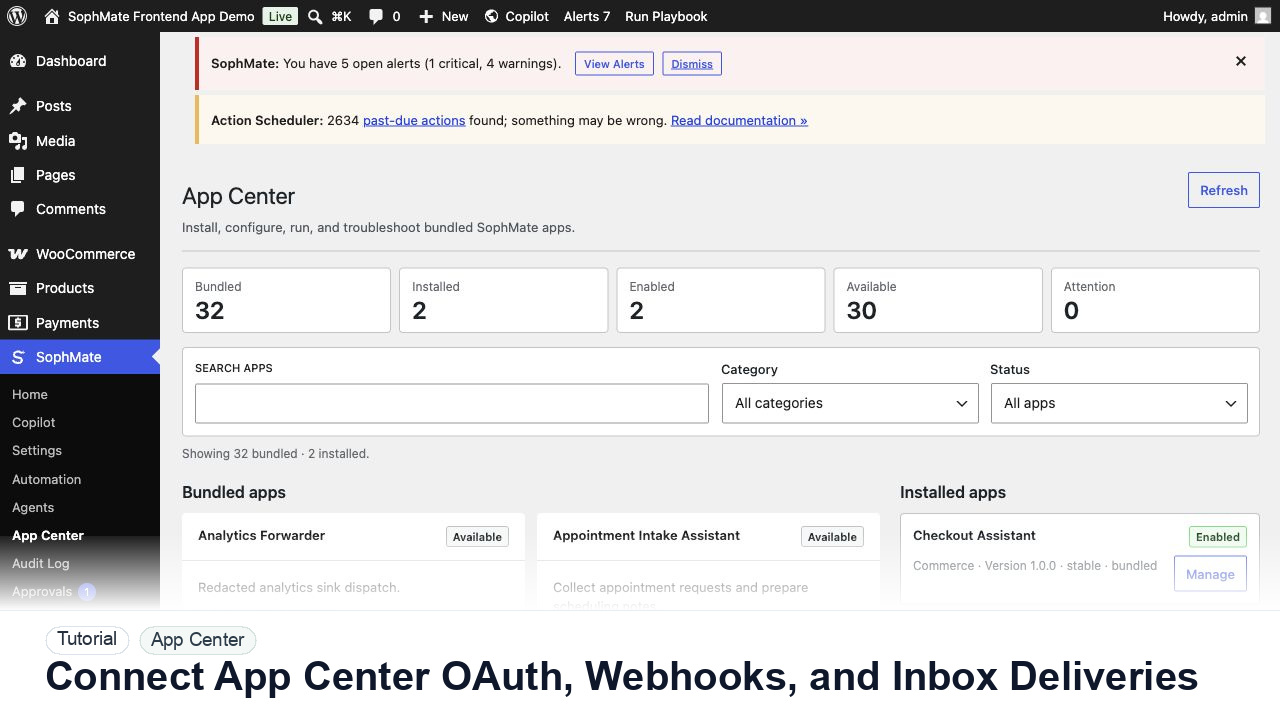 SophMate tutorial image for Connect App Center OAuth, Webhooks, and Inbox Deliveries showing the related wp-admin workflow context.