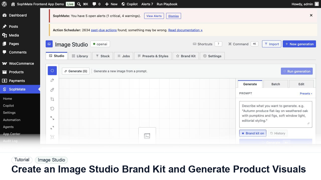 SophMate tutorial image for Create an Image Studio Brand Kit and Generate Product Visuals showing the related wp-admin workflow context.