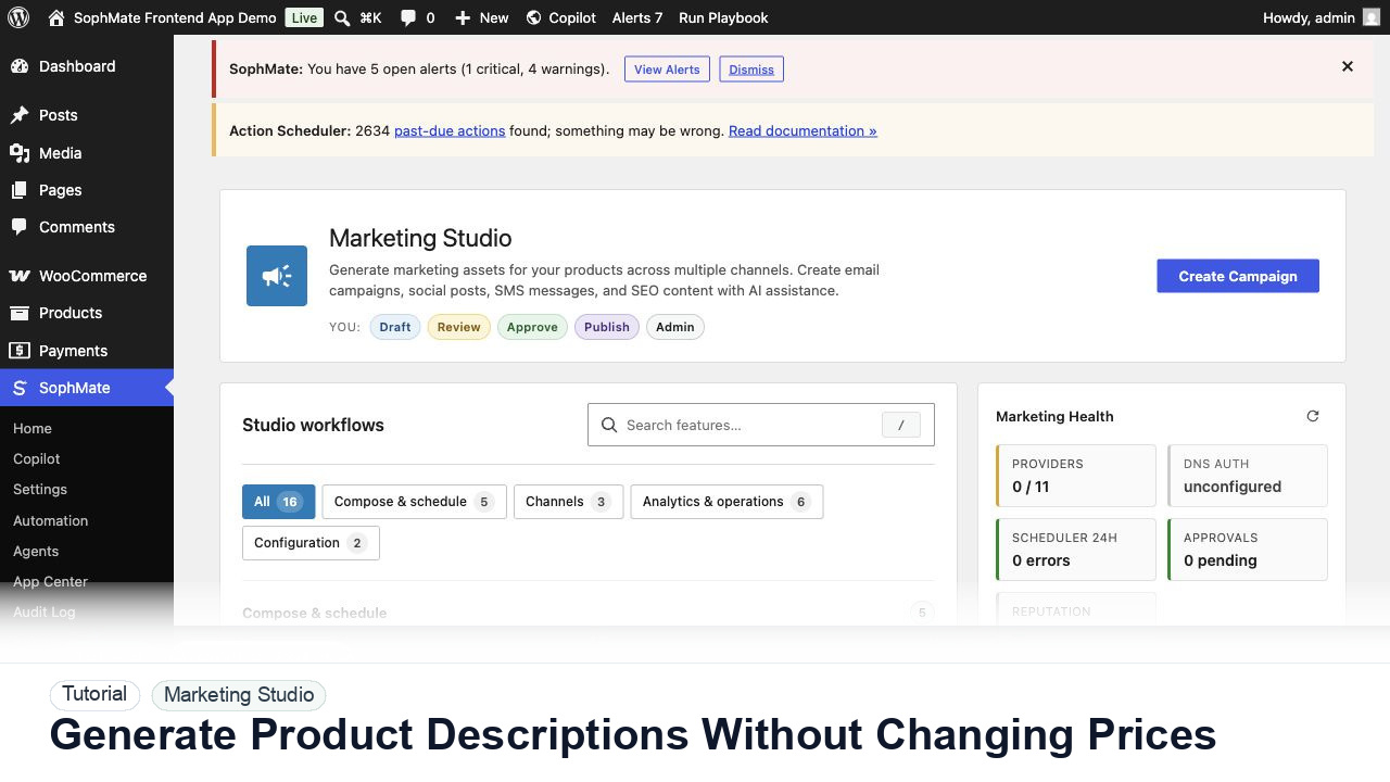 SophMate tutorial image for Generate Product Descriptions Without Changing Prices showing the related wp-admin workflow context.