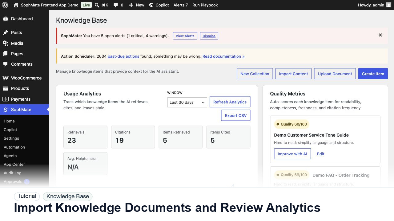 SophMate tutorial image for Import Knowledge Documents and Review Analytics showing the related wp-admin workflow context.