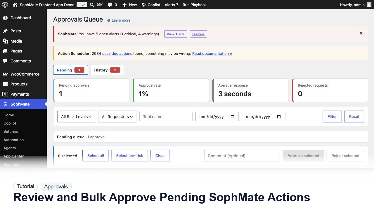 SophMate tutorial image for Review and Bulk Approve Pending SophMate Actions showing the related wp-admin workflow context.