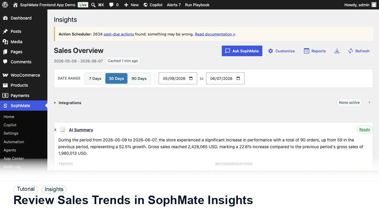 SophMate tutorial image for Review Sales Trends in SophMate Insights showing the related wp-admin workflow context.