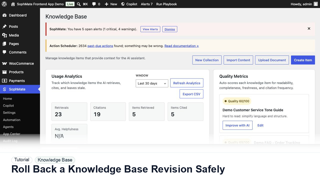 SophMate tutorial image for Roll Back a Knowledge Base Revision Safely showing the related wp-admin workflow context.