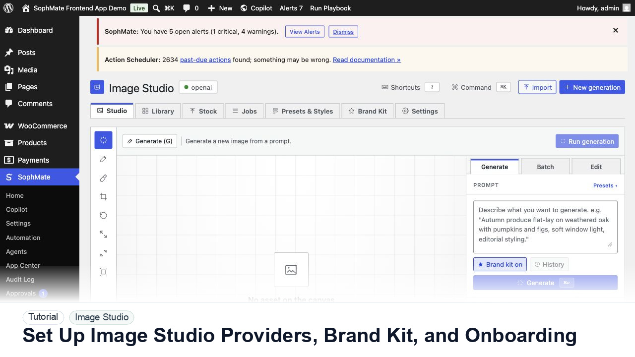 SophMate tutorial image for Set Up Image Studio Providers, Brand Kit, and Onboarding showing the related wp-admin workflow context.