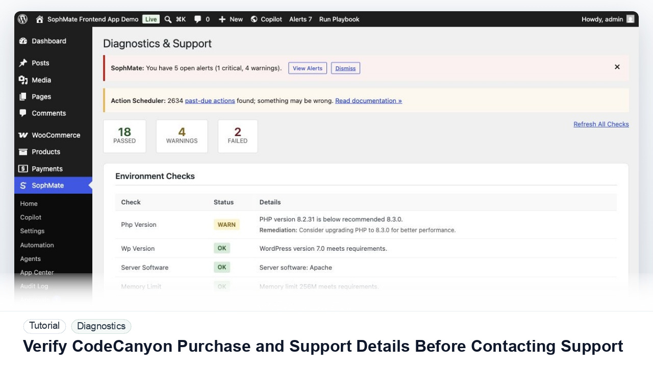 SophMate tutorial image for Verify CodeCanyon Purchase and Support Details Before Contacting Support showing the related wp-admin workflow context.